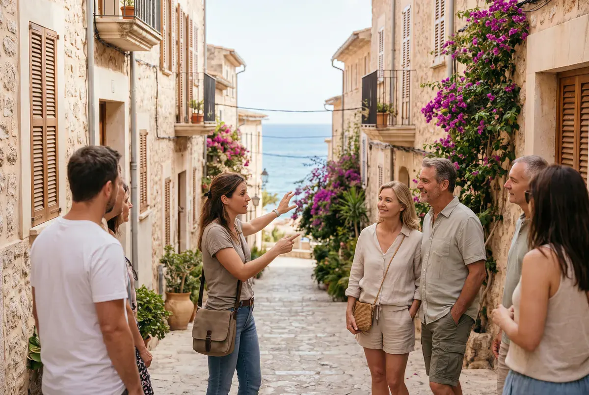 Ausflüge buchen: Reiseleiterin zeigt einer kleinen Gruppe eine mediterrane Altstadt