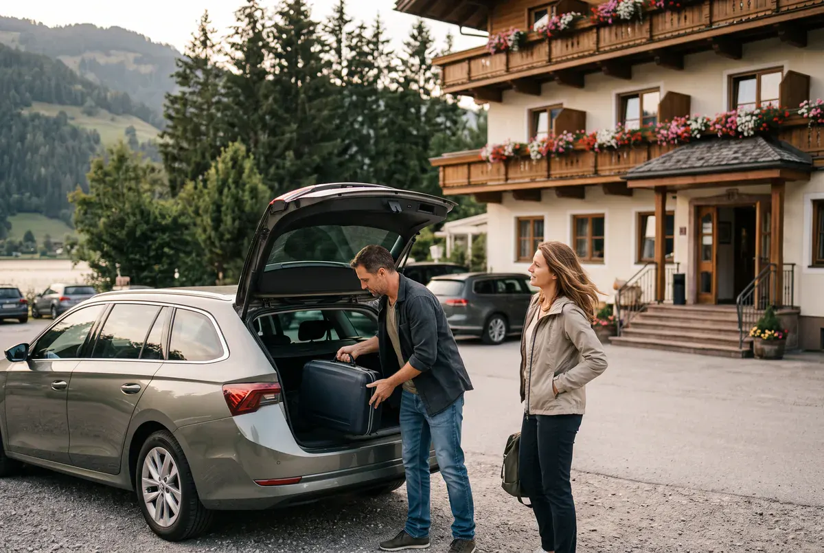Hotel buchen und mit dem Auto anreisen: Paar lädt Koffer vor dem Hotel aus